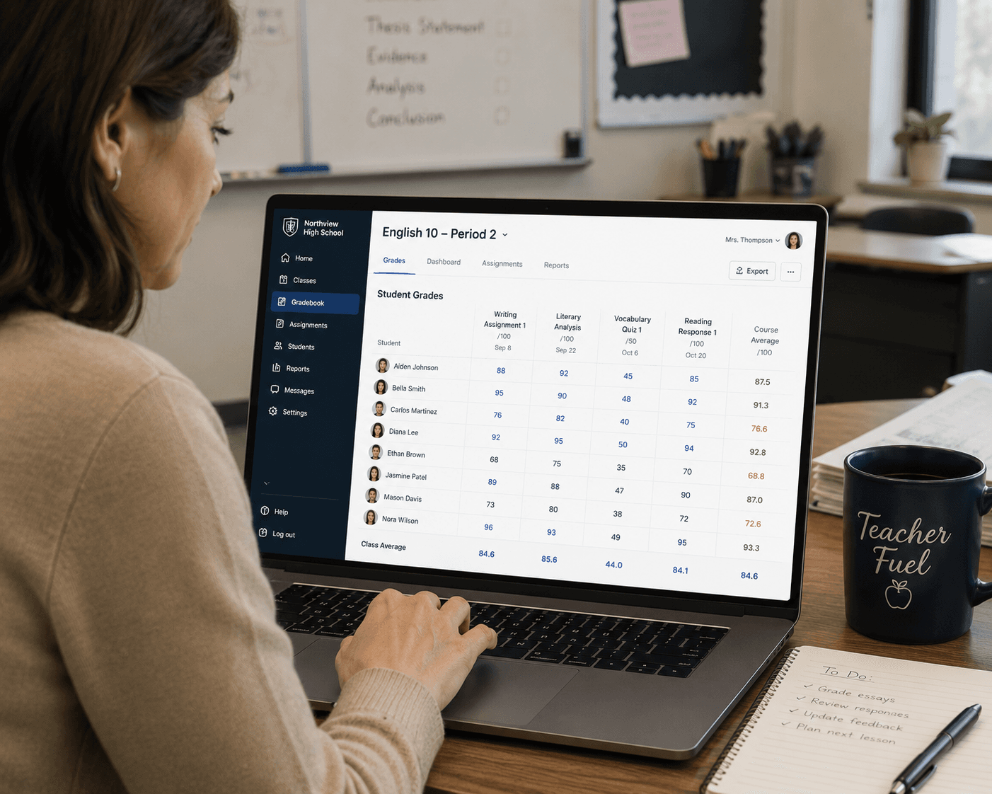 Grading module gradebook with student scores and class performance analytics